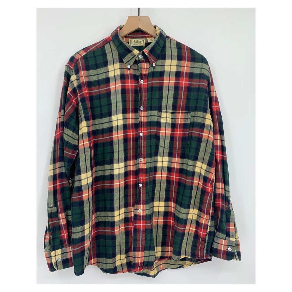 Vintage LL Bean Flannel Shirt Mens Large Green Plaid Button Cotton Made USA